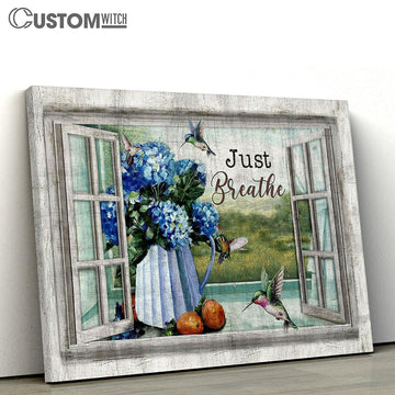 Just Breathe Blue Hydrangea Hummingbird Canvas Wall Art - Bible Verse Canvas - Religious Prints