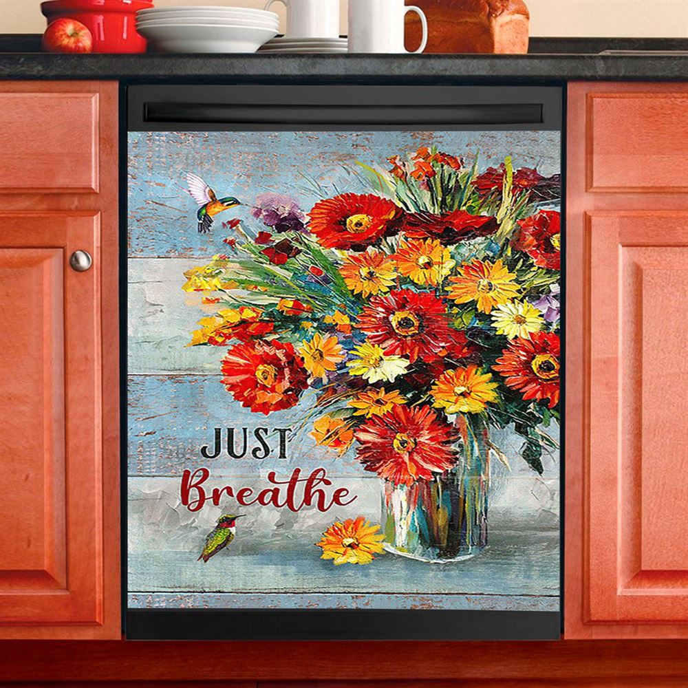 Just Breathe Brilliant Flower Hummingbird Dishwasher Cover, Christian Dishwasher Wrap, Religious Kitchen Decoration