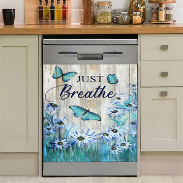 Just Breathe Butterfly Blue Flower Garden Dishwasher Cover, Christian Dishwasher Wrap, Bible Verse Kitchen Decoration