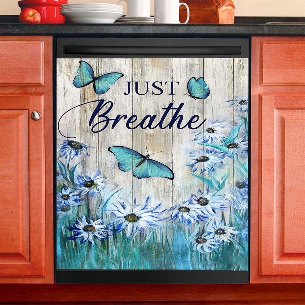 Just Breathe Butterfly Blue Flower Garden Dishwasher Cover, Christian Dishwasher Wrap, Bible Verse Kitchen Decoration