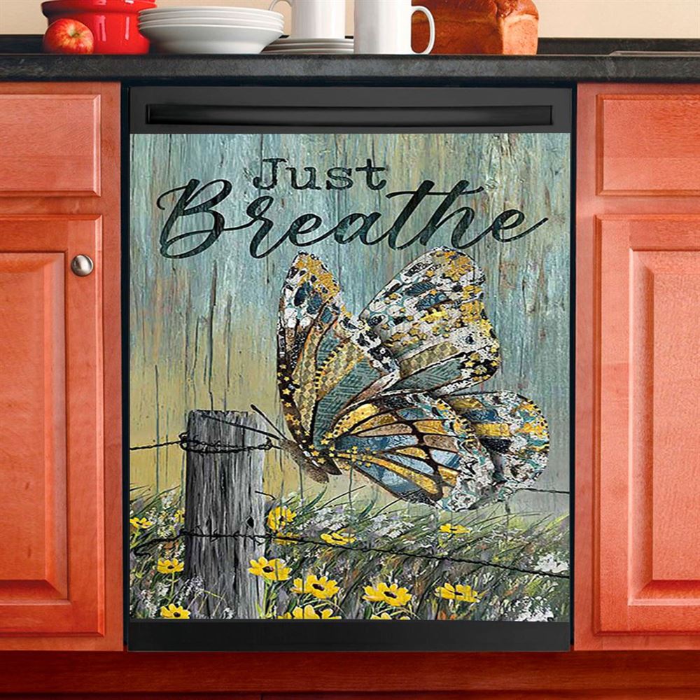 Just Breathe Butterfly Yellow Daisy Dishwasher Cover, Christian Dishwasher Wrap, Bible Verse Kitchen Decoration