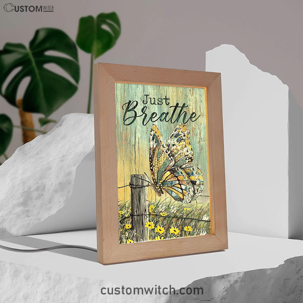 Just Breathe Butterfly Yellow Daisy Frame Lamp Art - Christian Night Light - Bible Verse Wooden Lamp