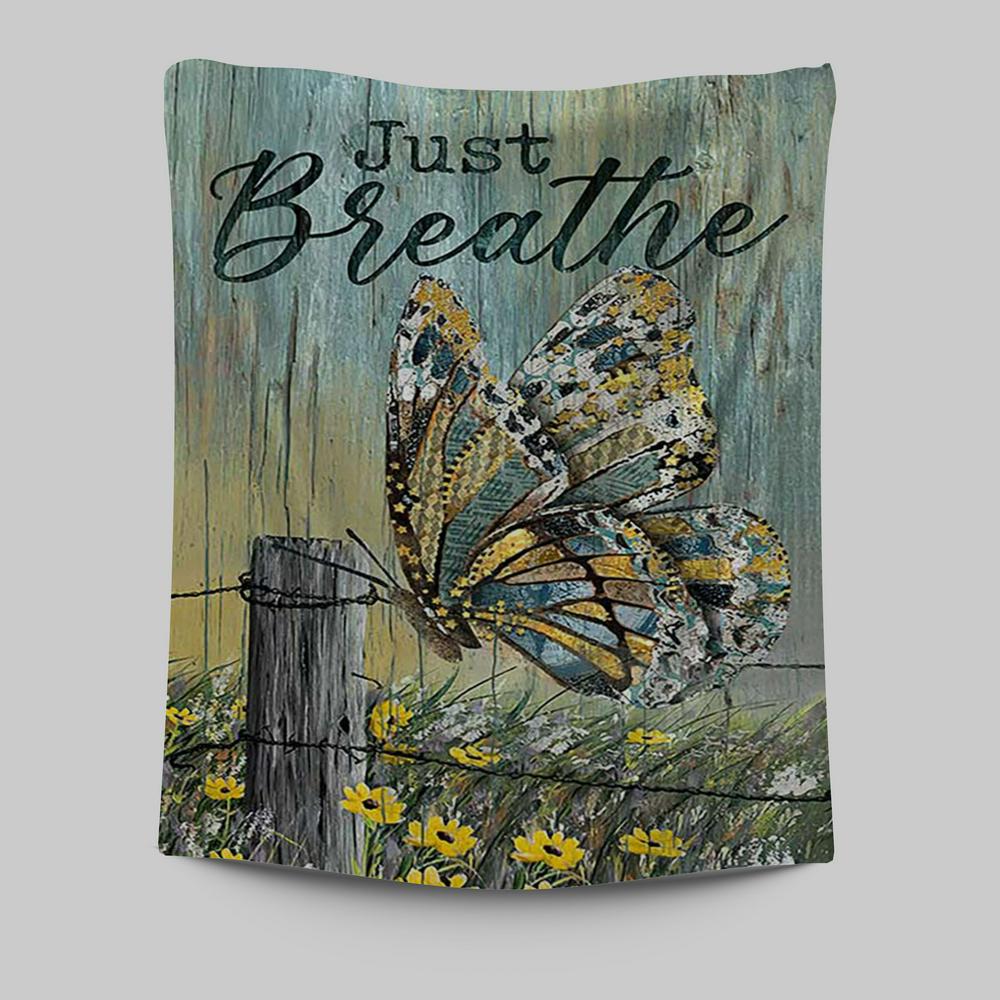 Just Breathe Butterfly Yellow Daisy Tapestry Wall Art - Christian Tapestries Prints - Bible Verse Tapestry Art