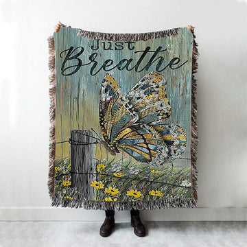 Just Breathe Butterfly Yellow Daisy Woven Throw Blanket - Christian Woven Blanket Prints - Bible Verse Woven Blanket Art