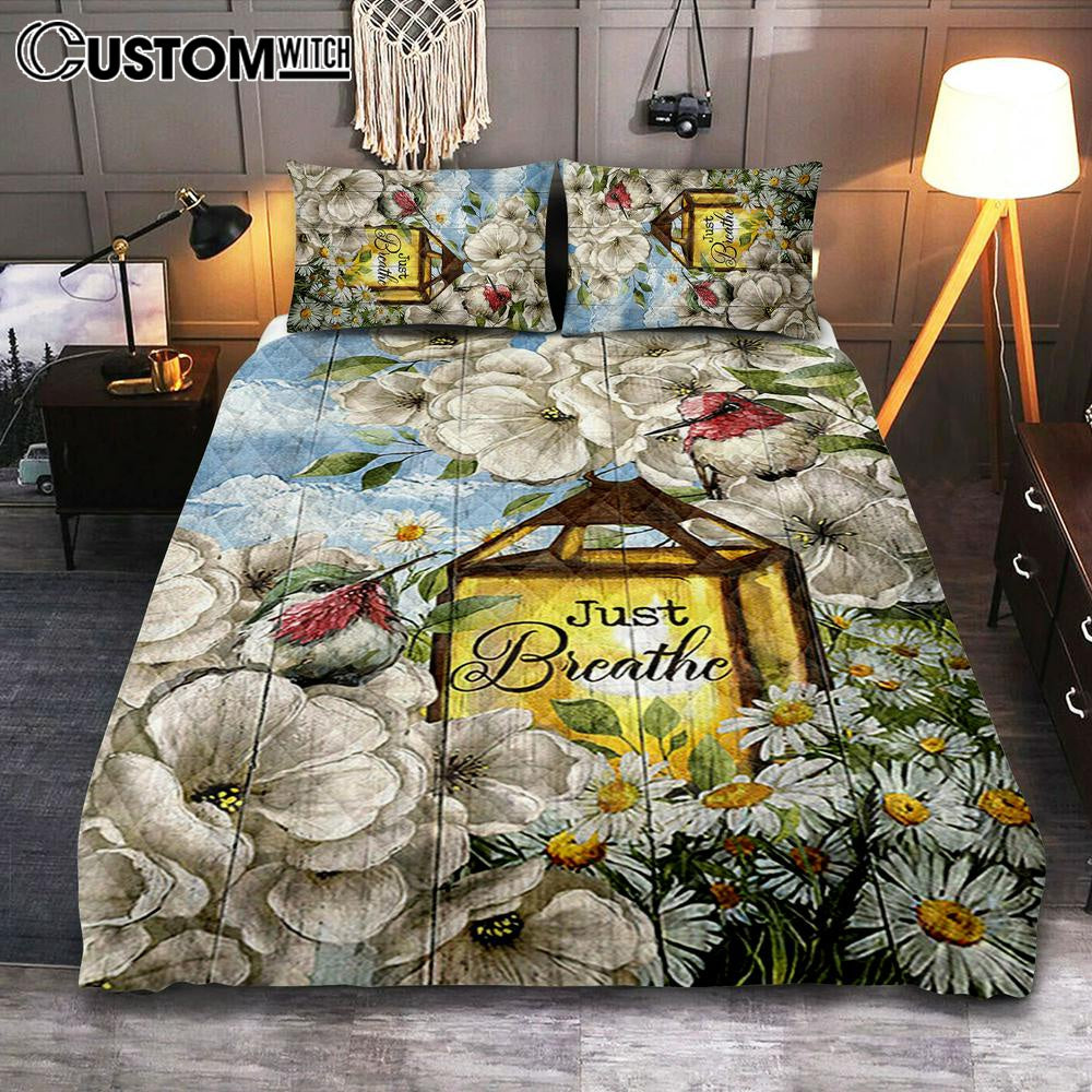 Just Breathe Camellia Forest Hummingbird Bedroom Quilt Bedding Set - Bible Verse Quilt Bedding Set Art - Christian Bedroom Home Decor