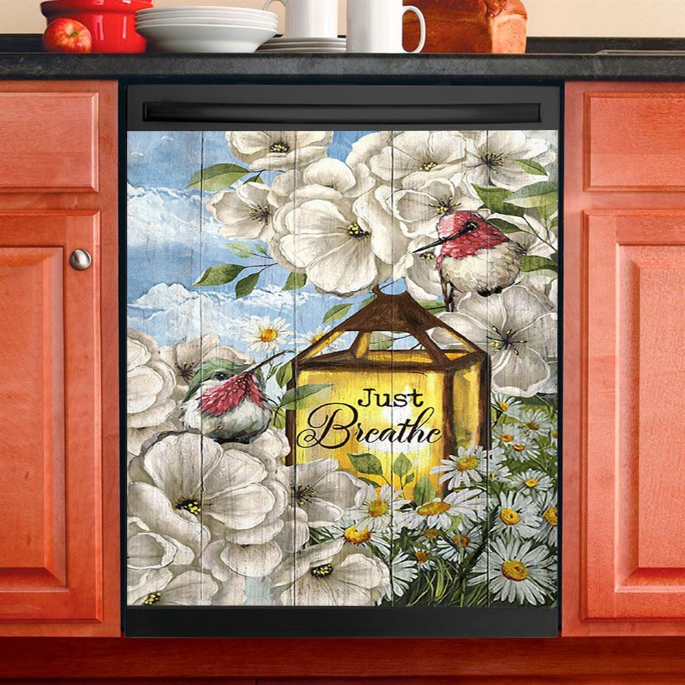 Just Breathe Camellia Forest Hummingbird Dishwasher Cover, Bible Verse Dishwasher Wrap, Christian Kitchen Decoration