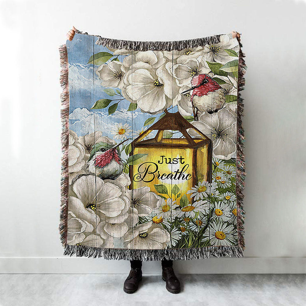 Just Breathe Camellia Forest Hummingbird Throw Blanket Woven Blanket - Bible Verse Woven Blanket Art - Christian Throw Blanket Home Decor