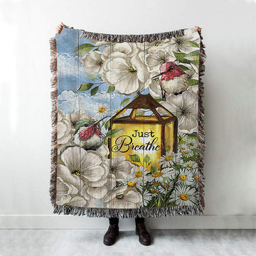Just Breathe Camellia Forest Hummingbird Throw Blanket Woven Blanket - Bible Verse Woven Blanket Art - Christian Throw Blanket Home Decor