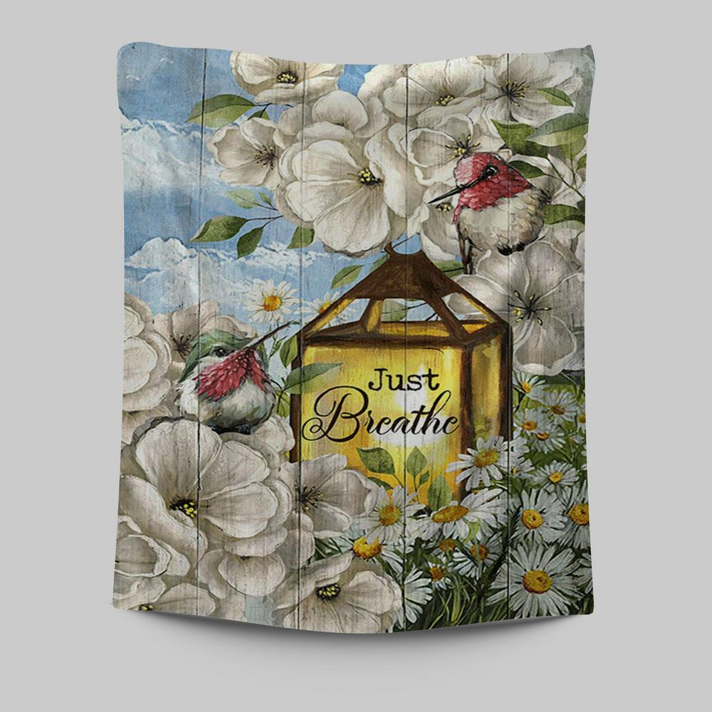 Just Breathe Camellia Forest Hummingbird Wall Art Tapestry - Bible Verse Tapestry Art - Christian Wall Art Home Decor