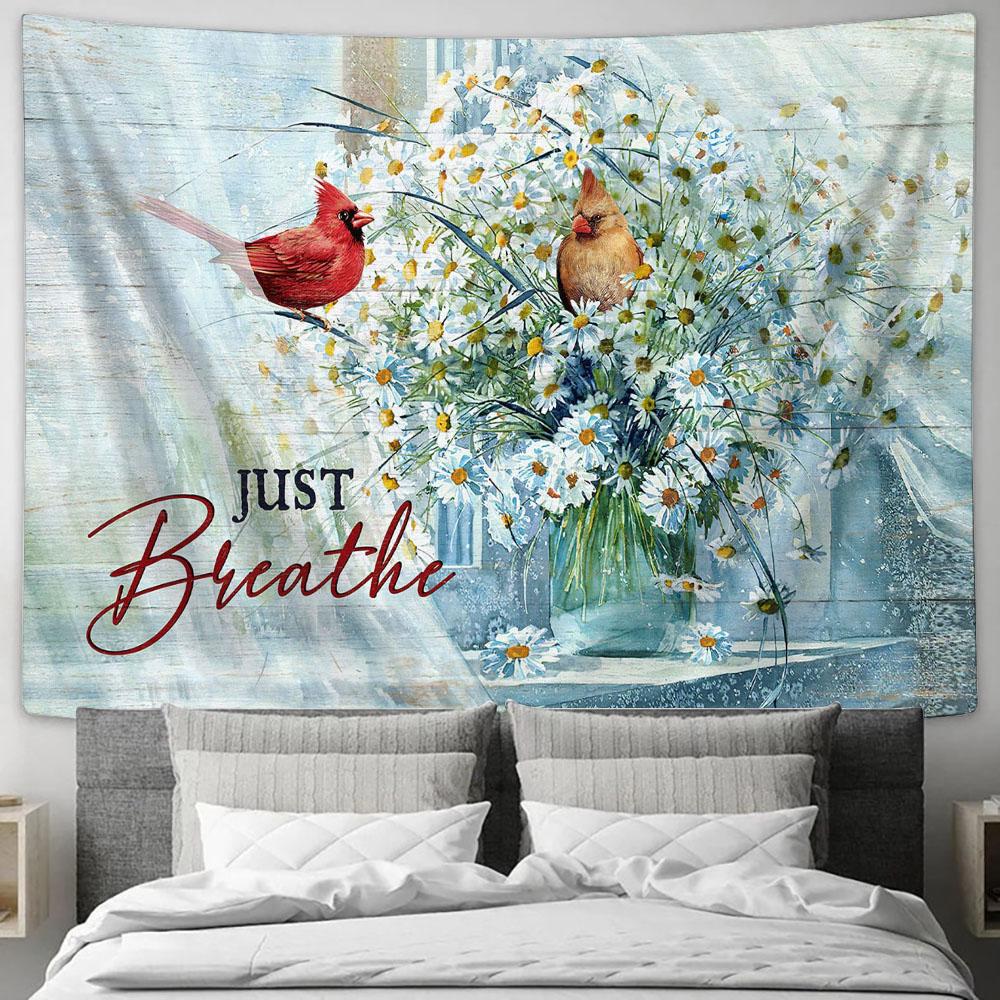 Just Breathe Cardinal Daisy Vase Tapestry Art - Christian Wall Art Decor - Bible Verse Tapestry