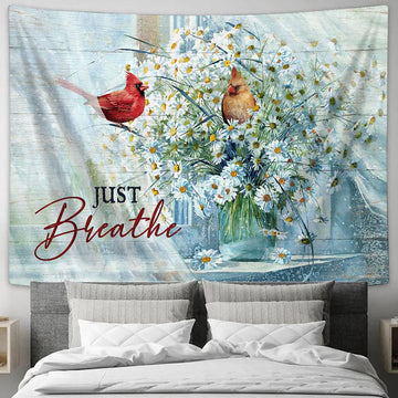 Just Breathe Cardinal Daisy Vase Tapestry Art - Christian Wall Art Decor - Bible Verse Tapestry
