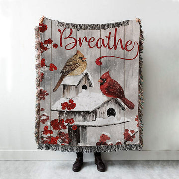 Just Breathe Cardinals Woven Blanket Prints - Christian Boho Blanket - Bible Verse Woven Blanket Art