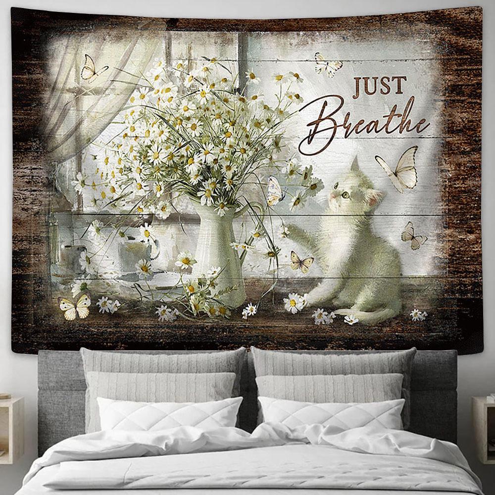 Just Breathe Cat Vintage Flower Daisy Vase Tapestry Painting - Christian Wall Art - Gifts For Cat Lovers