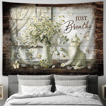 Just Breathe Cat Vintage Flower Daisy Vase Tapestry Painting - Christian Wall Art - Gifts For Cat Lovers