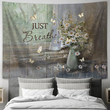 Just Breathe Daisy Flower Tapestry Art - Bible Verse Wall Art - Wall Decor Christian