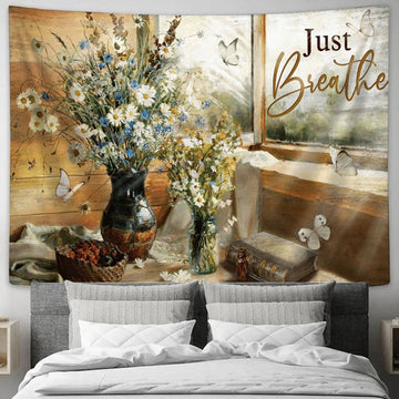 Just Breathe Flower Butterfly Window Large Tapestry - Christian Tapestry Prints - Religious Tapestry Art