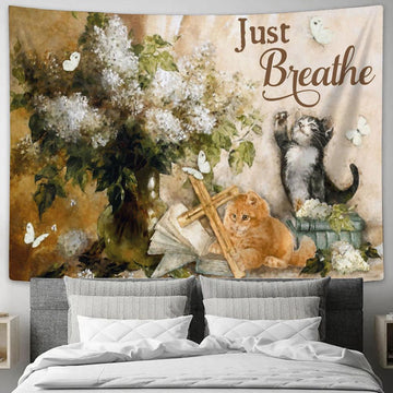 Just Breathe Flower Cat Cross Butterfly Large Tapestry - Christian Tapestry Prints - Religious Tapestry Art