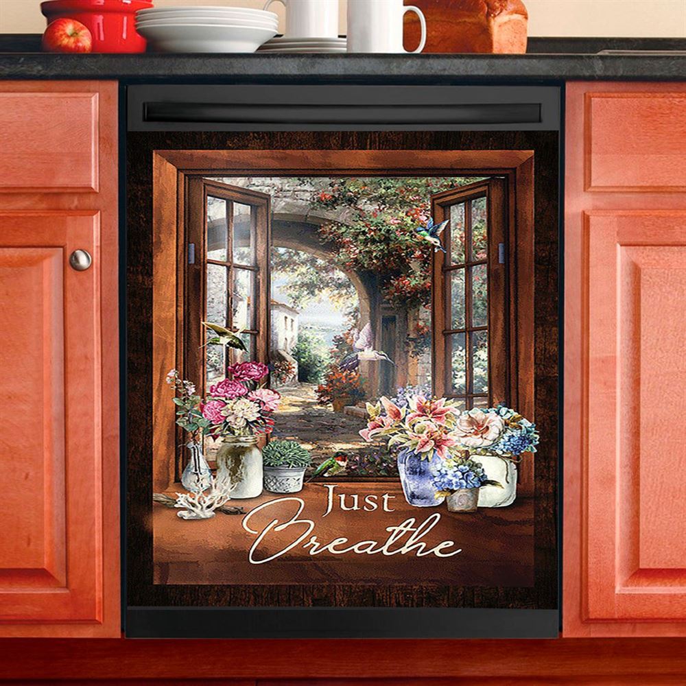 Just Breathe Flower Crown Of Thorns White Butterfly Dishwasher Cover, Bible Verse Dishwasher Wrap, Christian Kitchen Decoration