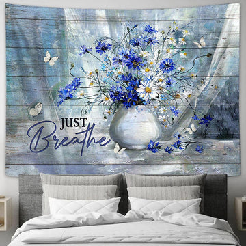 Just Breathe Flower Daisy Vase Tapestry Art - Bible Verse Wall Art - Wall Decor Christian
