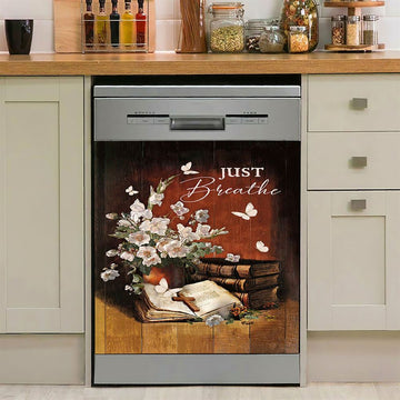 Just Breathe Flower Garden Hummingbird Dishwasher Cover, Christian Dishwasher Wrap, Religious Kitchen Decoration