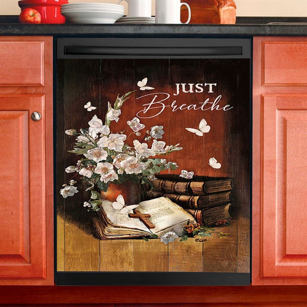 Just Breathe Flower Garden Hummingbird Dishwasher Cover, Christian Dishwasher Wrap, Religious Kitchen Decoration