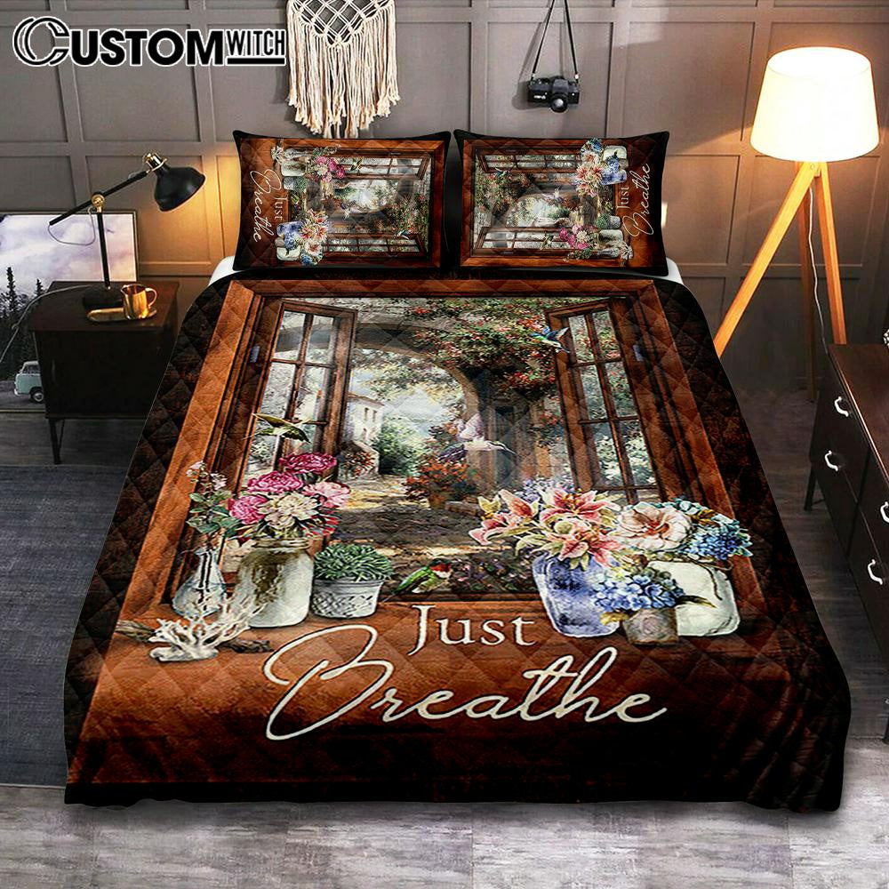 Just Breathe Flower Garden Hummingbird Quilt Bedding Set - Christian Bedroom - Religious Home Decor