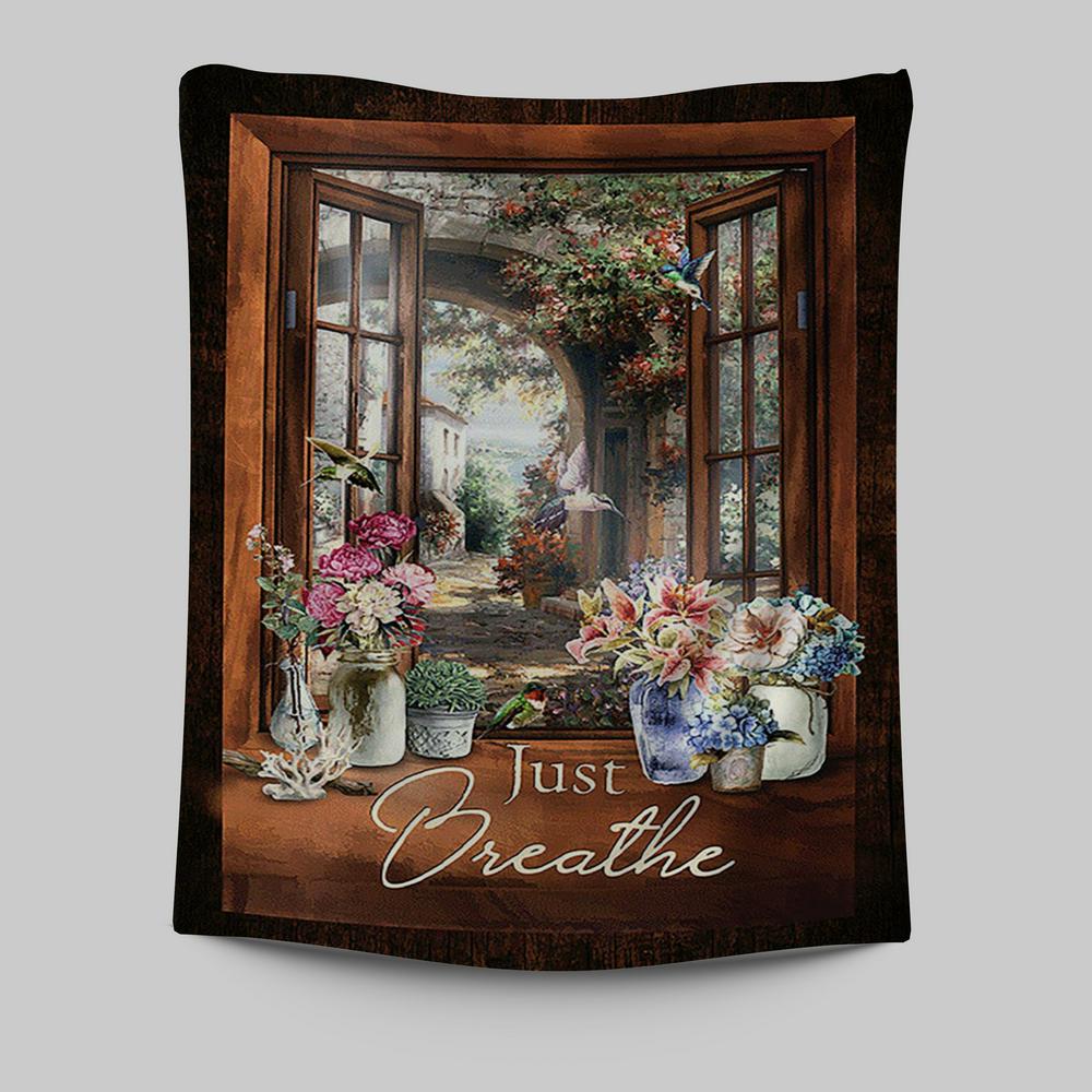 Just Breathe Flower Garden Hummingbird Tapestry - Christian Wall Art - Religious Home Decor