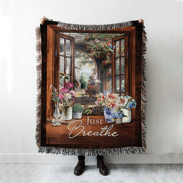 Just Breathe Flower Garden Hummingbird Woven Blanket - Christian Throw Blanket - Religious Home Decor