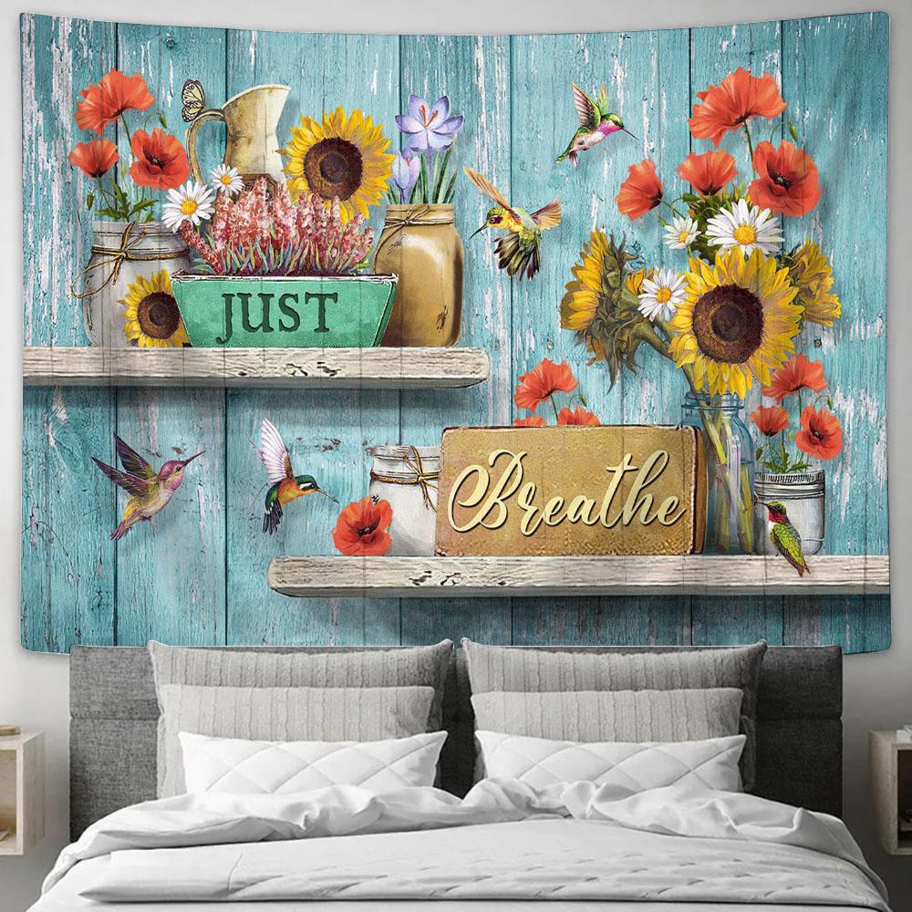 Just Breathe Flower Hummingbird Tapestry Art - Christian Wall Art Decor - Bible Verse Tapestry