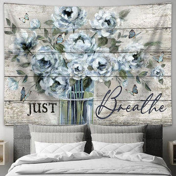 Just Breathe Flower Vase Blue Butterfly Tapestry Art - Bible Verse Wall Art - Wall Decor Christian