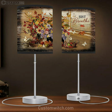 Just Breathe Flower White Butterfly Table Lamp Art - Christian Lamp Gift Decor - Bible Verse Table Lamp