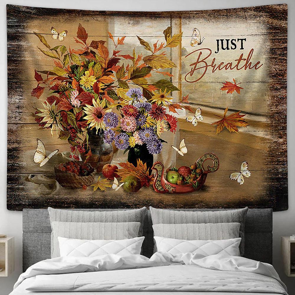 Just Breathe Flower White Butterfly Tapestry Art - Christian Wall Art Decor - Bible Verse Tapestry