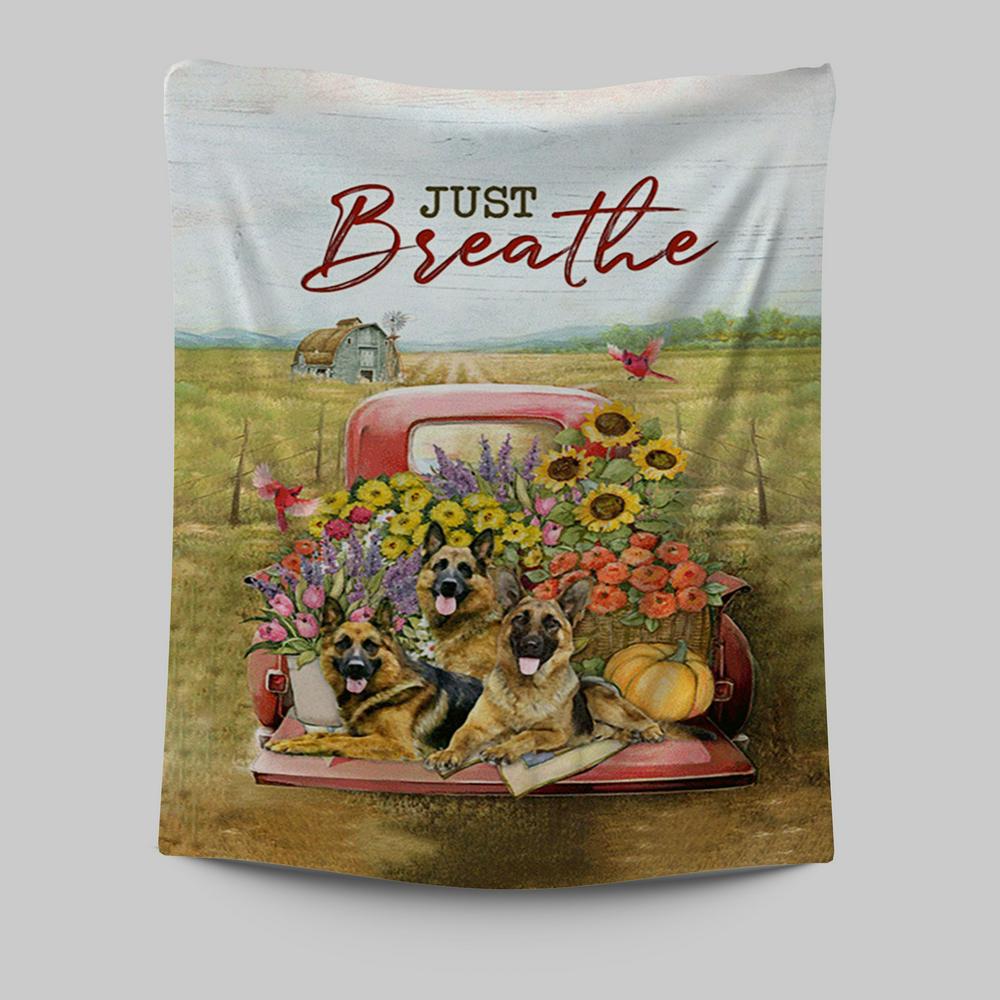 Just Breathe German Shepherd Dog Tapestry Wall Art - Bible Verse Tapestry Art - Inspirational Art -  Christian Indoor Wall Tapestries