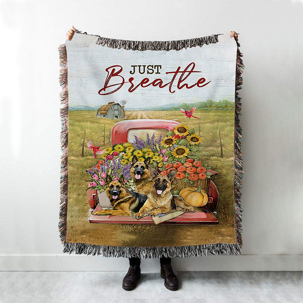 Just Breathe German Shepherd Dog Woven Throw Blanket - Bible Verse Woven Blanket Art - Inspirational Art - Christian Home Decor