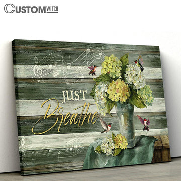 Just Breathe Green Hydrangeas Music Sheet Hummingbird Canvas Art - Christian Wall Art Decor - Bible Verse Canvas