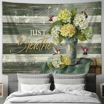 Just Breathe Green Hydrangeas Music Sheet Hummingbird Tapestry Art - Christian Wall Art Decor - Bible Verse Tapestry