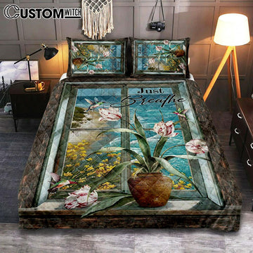 Just Breathe Hummingbird Blue Ocean Quilt Bedding Set Bedroom - Bible Verse Quilt Bedding Set Art - Christian Home Decor