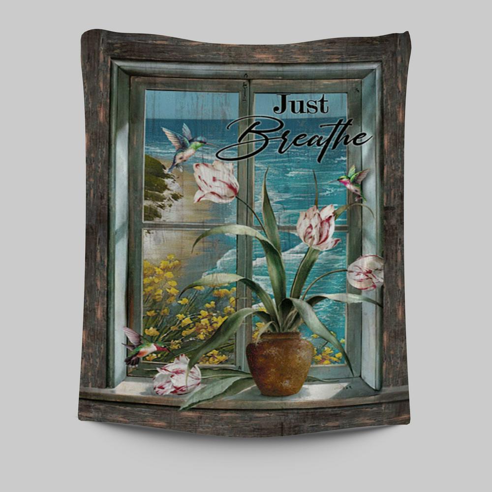 Just Breathe Hummingbird Blue Ocean Tapestry Wall Art - Bible Verse Tapestry Art - Inspirational Art -  Christian Indoor Wall Tapestries