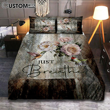 Just Breathe Hummingbird Rose White Peony Bedroom Quilt Bedding Set - Bible Verse Quilt Bedding Set Art - Christian Bedroom Home Decor