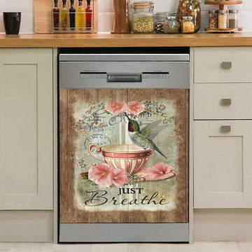 Just Breathe Hummingbird Rose White Peony Dishwasher Cover, Bible Verse Dishwasher Wrap, Christian Kitchen Decoration