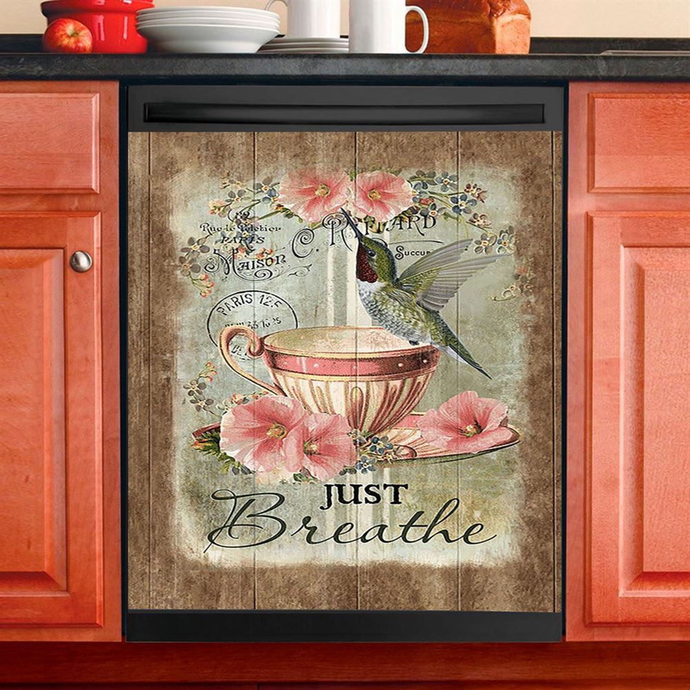 Just Breathe Hummingbird Rose White Peony Dishwasher Cover, Bible Verse Dishwasher Wrap, Christian Kitchen Decoration
