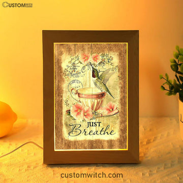 Just Breathe Hummingbird Tea Cup Pink Flowers Vintage Frame Lamp Art - Christian Night Light - Bible Verse Wooden Lamp