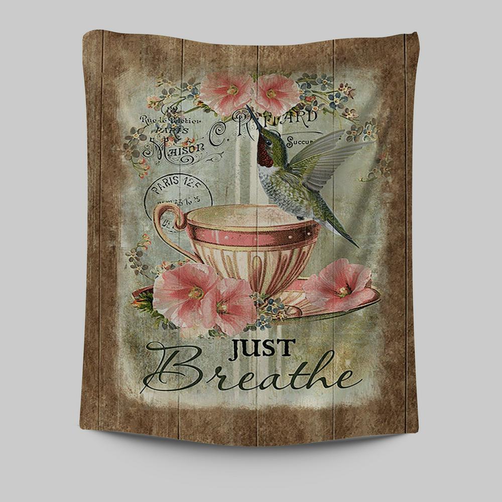 Just Breathe Hummingbird Tea Cup Pink Flowers Vintage Tapestry Wall Art - Christian Tapestries Prints - Bible Verse Tapestry Art