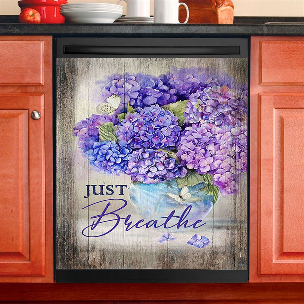 Just Breathe Hummingbird White Flower Dishwasher Cover, Bible Verse Dishwasher Wrap, Christian Kitchen Decoration