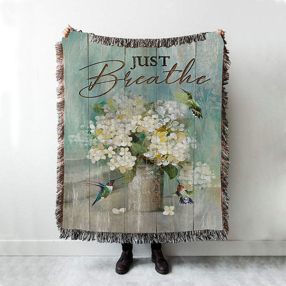 Just Breathe Hummingbird White Flower Throw Blanket Woven Blanket - Bible Verse Woven Blanket Art - Christian Throw Blanket Home Decor