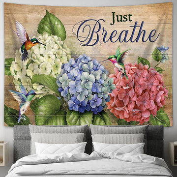 Just Breathe Hydrangea, Hummingbirds Wall Art Tapestry - Christian Wall Art - Religious Art
