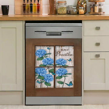 Just Breathe Hydrangea Purple Flower Dishwasher Cover, Bible Verse Dishwasher Wrap, Christian Kitchen Decoration