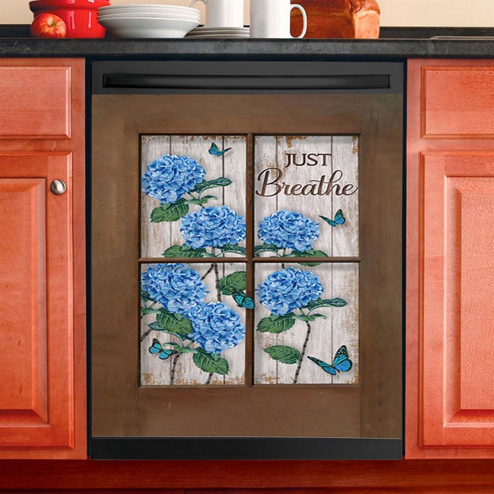 Just Breathe Hydrangea Purple Flower Dishwasher Cover, Bible Verse Dishwasher Wrap, Christian Kitchen Decoration