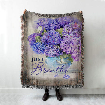 Just Breathe Hydrangea Purple Flower Throw Blanket Woven Blanket - Bible Verse Woven Blanket Art - Christian Throw Blanket Home Decor