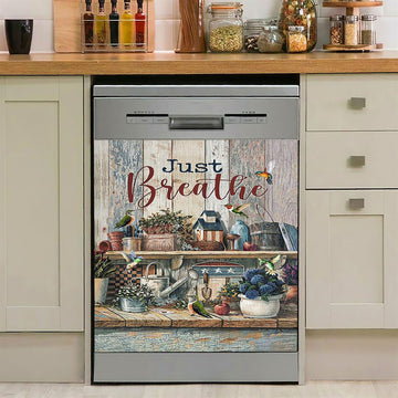 Just Breathe Hydrangeas Blue Flower Butterfly Dishwasher Cover, Bible Verse Dishwasher Wrap, Christian Kitchen Decoration